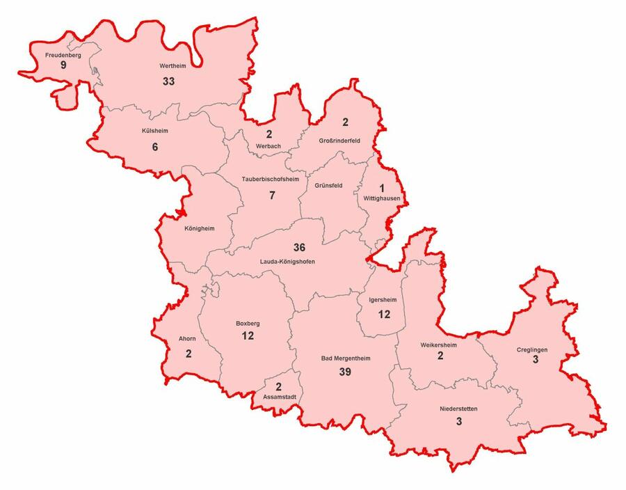 Karte mit aktiven Corona-Fällen im Main Tauber Kreis am 02.09.