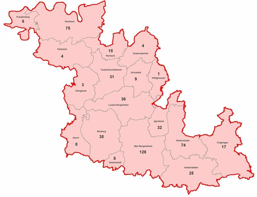 Karte mit aktiven Corona-Fällen im Main Tauber Kreis am 10.11.
