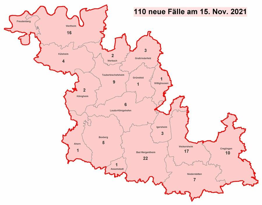 Karte mit aktiven Corona-Fällen im Main Tauber Kreis am 15.11.