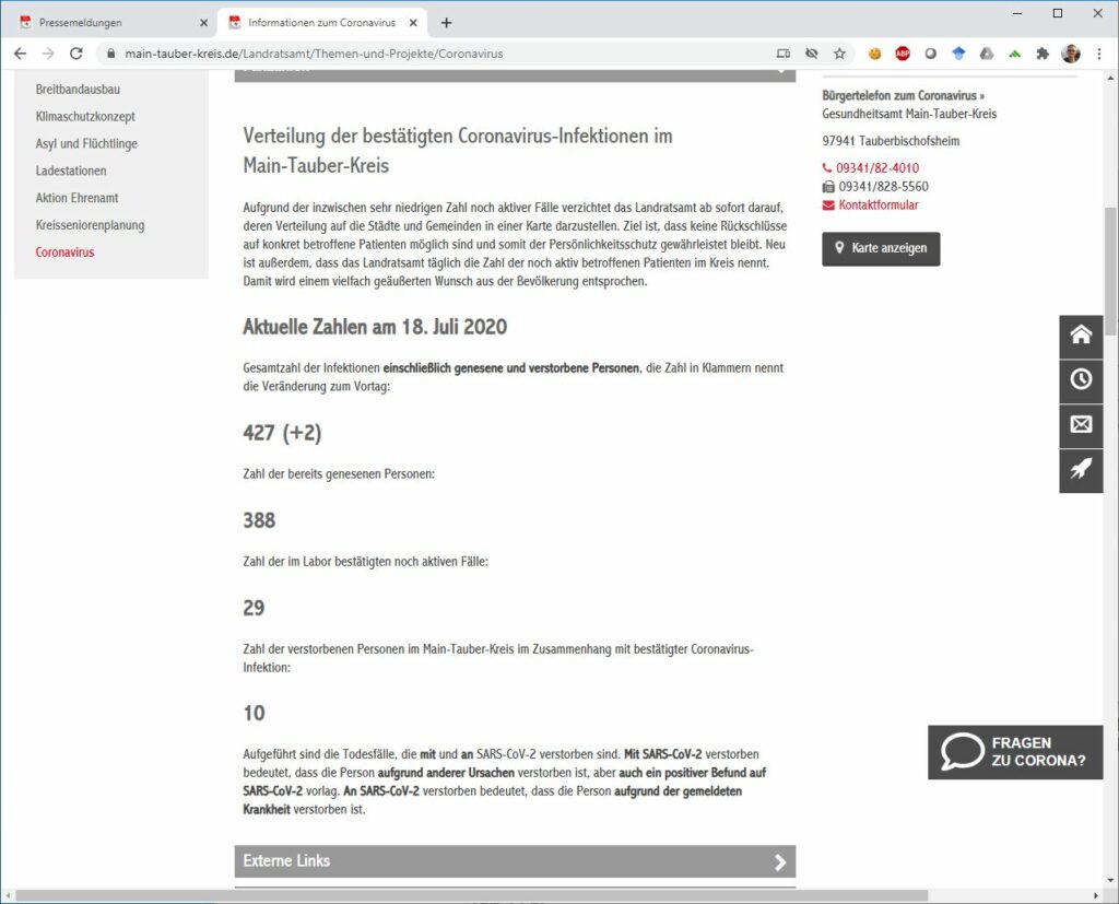 Corona-Fallzahlen im Main-Tauber Kreis 2020-07-18
