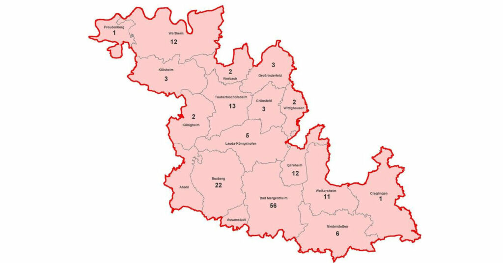 Karte mit aktiven Corona-Fällen im Main Tauber Kreis am 22.10.