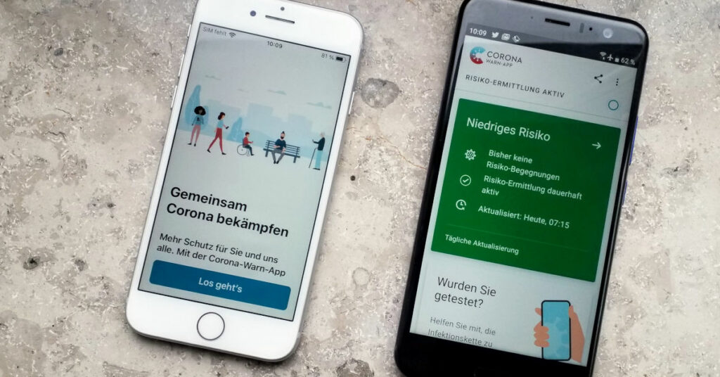 Foto der Corona-Warn-App auf iPhone und Android Handy