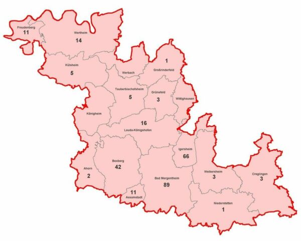 Karte mit aktiven Corona-Fällen im Main Tauber Kreis am 2021-01-27