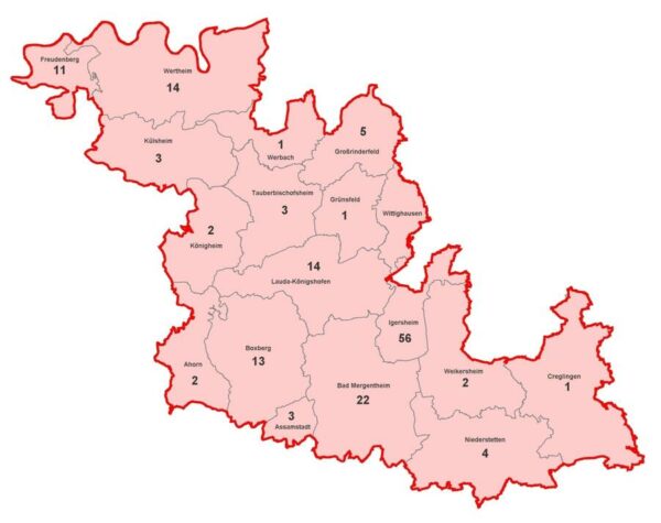 Karte mit aktiven Corona-Fällen im Main Tauber Kreis am 2021-02-01