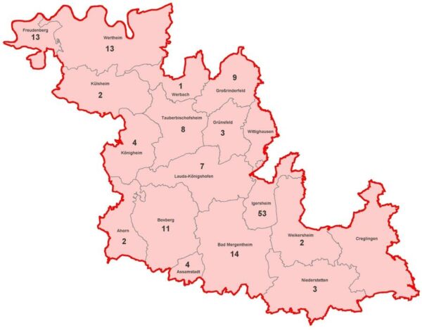 Karte mit aktiven Corona-Fällen im Main Tauber Kreis am 2021-02-04
