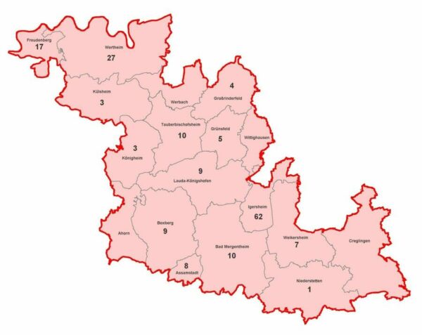 Karte mit aktiven Corona-Fällen im Main Tauber Kreis am 2021-02-10