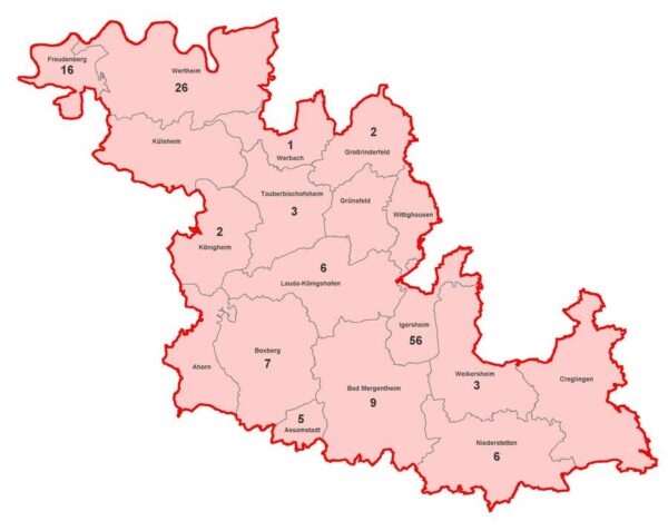 Karte mit aktiven Corona-Fällen im Main Tauber Kreis am 2021-02-18