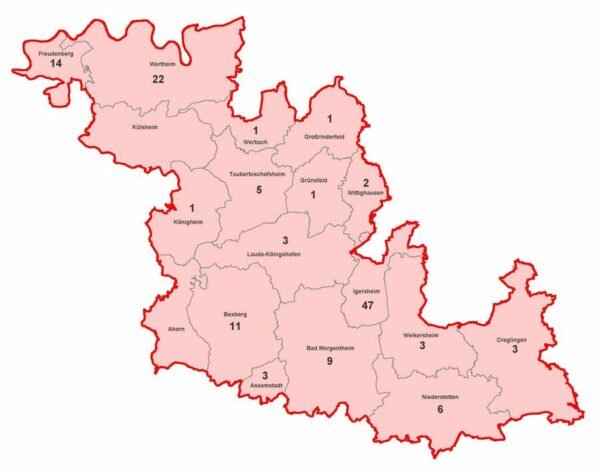 Karte mit aktiven Corona-Fällen im Main Tauber Kreis am 2021-02-22