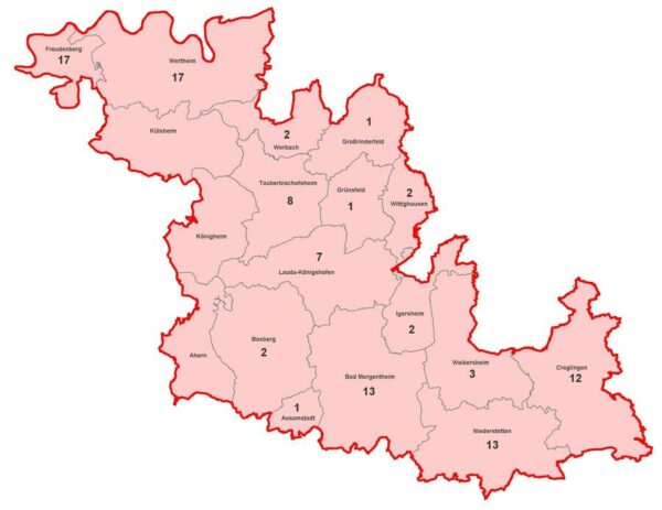 Karte mit aktiven Corona-Fällen im Main Tauber Kreis am 2021-03-01