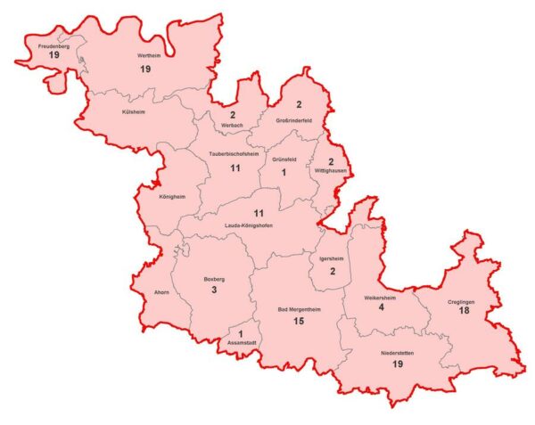Karte mit aktiven Corona-Fällen im Main Tauber Kreis am 2021-03-03
