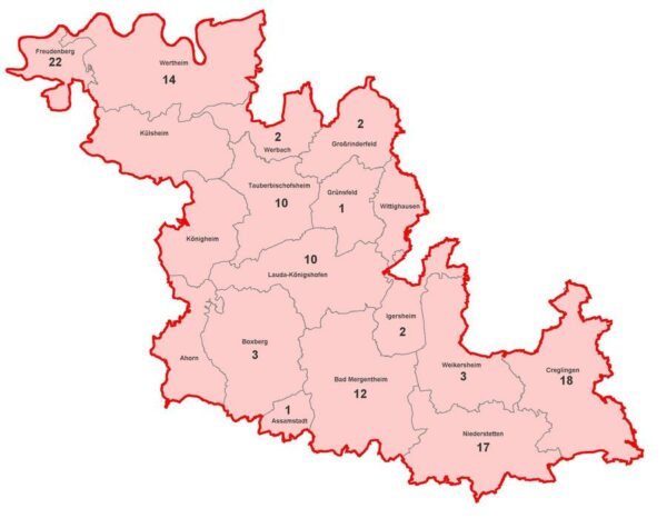 Karte mit aktiven Corona-Fällen im Main Tauber Kreis am 2021-03-04