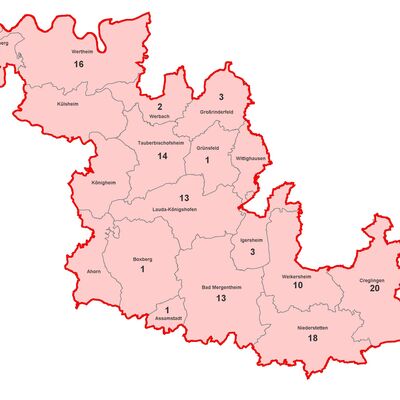 Karte mit aktiven Corona-Fällen im Main Tauber Kreis am 2021-03-05