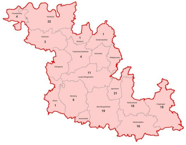 Karte mit aktiven Corona-Fällen im Main Tauber Kreis am 2021-03-14