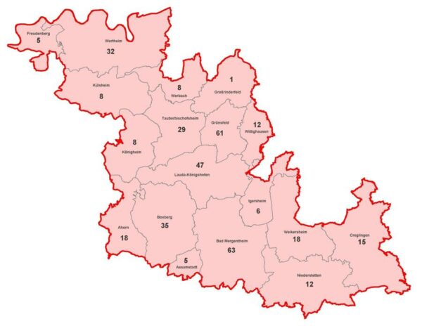Karte mit aktiven Corona-Fällen im Main Tauber Kreis am 2021-04-08