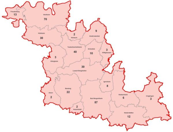 Karte mit aktiven Corona-Fällen im Main Tauber Kreis am 2021-04-27