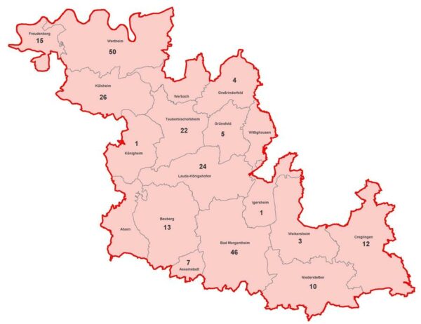 Karte mit aktiven Corona-Fällen im Main Tauber Kreis am 2021-05-06