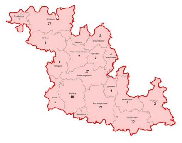 Karte mit aktiven Corona-Fällen im Main Tauber Kreis am 2021-05-21