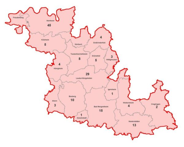 Karte mit aktiven Corona-Fällen im Main Tauber Kreis am 2021-05-24