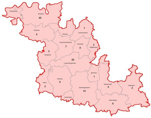 Karte mit aktiven Corona-Fällen im Main Tauber Kreis am 2021-05-26
