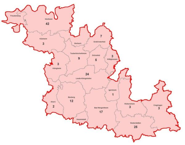 Karte mit aktiven Corona-Fällen im Main Tauber Kreis am 2021-05-28