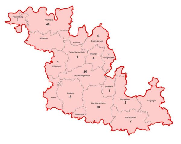 Karte mit aktiven Corona-Fällen im Main Tauber Kreis am 2021-06-03