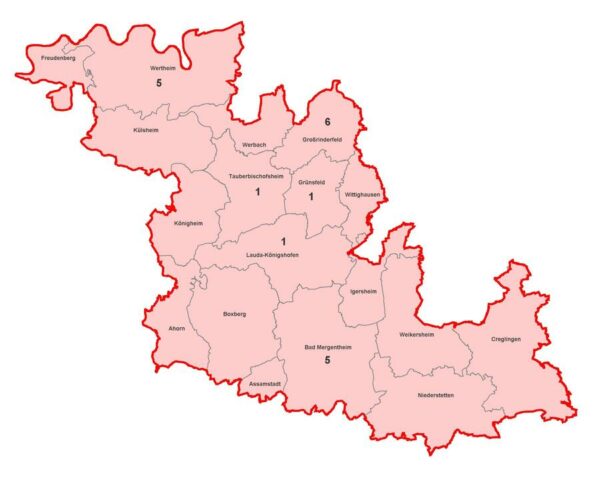 Karte mit aktiven Corona-Fällen im Main Tauber Kreis am 2021-06-27