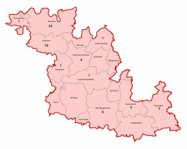Karte mit aktiven Corona-Fällen im Main Tauber Kreis am 2021-08-05