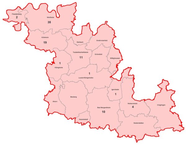 Karte mit aktiven Corona-Fällen im Main Tauber Kreis am 2021-08-10