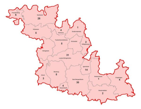 Karte mit aktiven Corona-Fällen im Main Tauber Kreis am 2021-08-27
