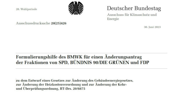 Bild der Bundestagsvorlage zum Gebäude-Energie-Gesetz vom 30. Juni 2023
