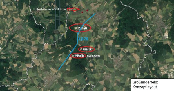 Geplante Standorte für drei Windräder in Großrinderfeld sowie ungefähre Position der bestehenden Windräder in Gerchsheim.