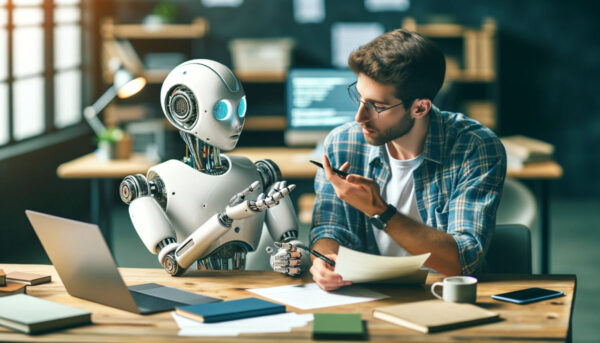 Bild mit einem Roboter und Menschen, de zusammen Text entwickeln. Der Rotober steht sinnbildlich für künstliche Intelligenz (KI).