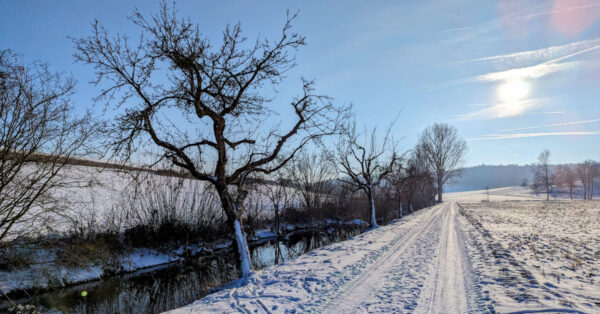 Foto einer Winterlandschaft in Großrinderfeld, Main-Tauber Kreis, bei klarem Himmel und Sonnenschein.