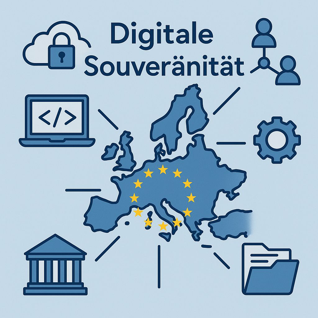 Symbolische Darstellung der Digitalen Souveränität in Europa. Die Karte Europas ist mit Ikonen verbunden, die Cloud-Sicherheit, Code/Software, Governance/Institutionen, Daten/Dateien, Vernetzung/Nutzer und Technologie/Zahnrad symbolisieren.