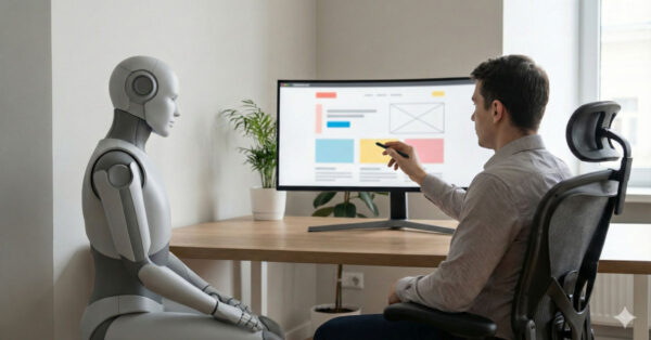 Symbolische Szene: Ein Mensch zeigt einem Roboter am Monitor eine Webseite in einem hellen Büro.