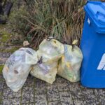 Gelbe Säcke stehen bereitgestellt zur Abholung an der Straße.