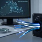 Symbolbild: Glasfaserkabel in Gerät vor Monitor mit Netzwerk-Karte des Main-Tauber-Kreises, Dokumente und Lupe im Vordergrund.