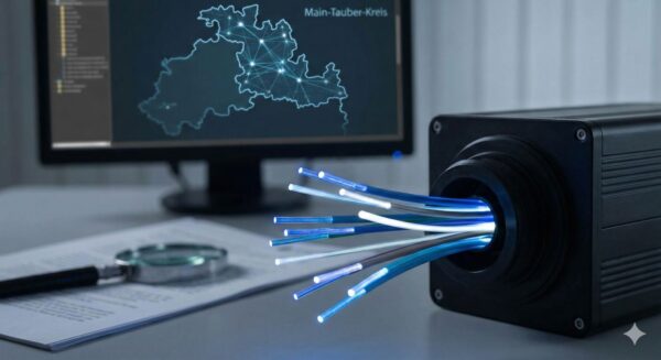 Symbolbild: Glasfaserkabel in Gerät vor Monitor mit Netzwerk-Karte des Main-Tauber-Kreises, Dokumente und Lupe im Vordergrund.
