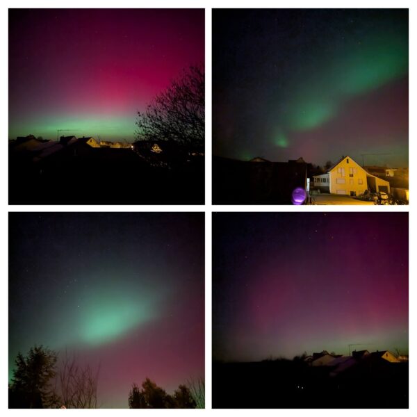 Vierbild-Collage mit Polarlichtern in Grün- und Rosatönen über Großrinderfeld bei Nacht; zu sehen sind Himmel, Sterne sowie Silhouetten von Häusern, Bäumen und einem Kran.