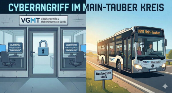 Grafik zum Cyberangriff auf die VGMT: Links die geschlossene Geschäftsstelle in Lauda mit Schloss-Symbol, rechts ein fahrender Bus („Busbetrieb läuft“).