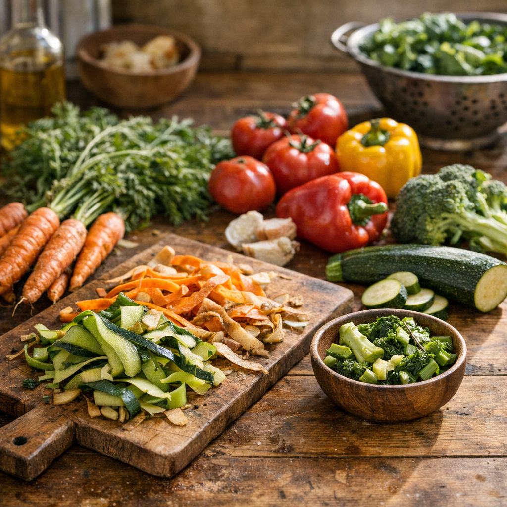 Fotorealistische symbolische Darstellung von gerettetem Gemüse und Gemüseresten auf einer Arbeitsfläche, passend zum Thema Lebensmittelrettung.