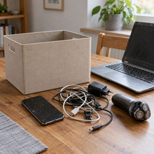 Altes Smartphone, Ladekabel, Rasierer und Laptop auf einem Tisch