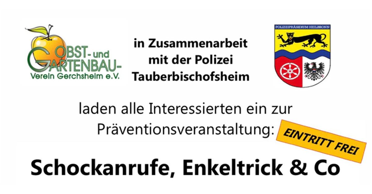 Flyerausschnitt zum Präventionsabend Schockanrufe, Enkeltrick und Co mit Vereinslogo und Polizeiwappen